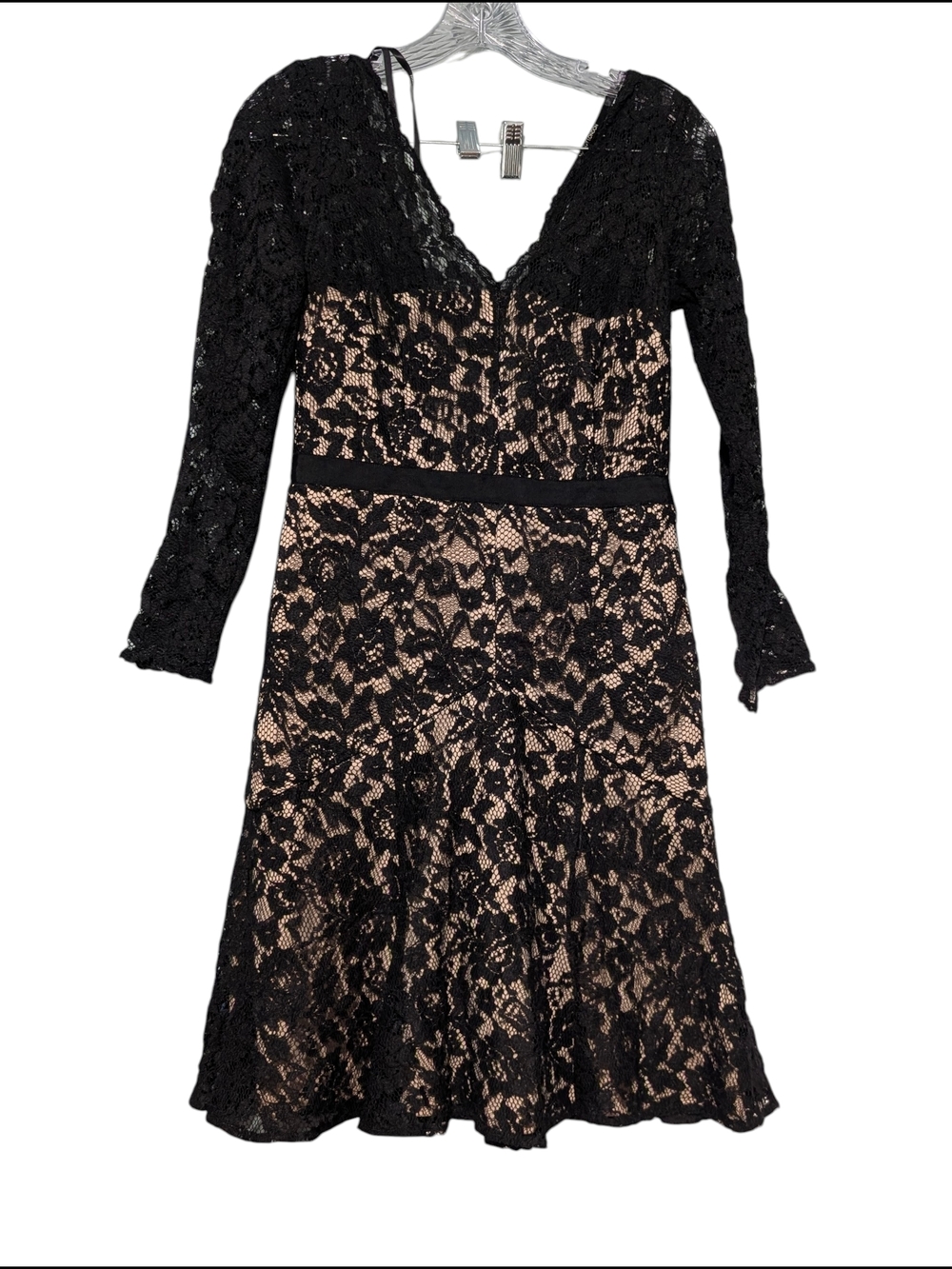 Black Lace Long-Sleeve Fit & Flare Dress with Nude Lining
